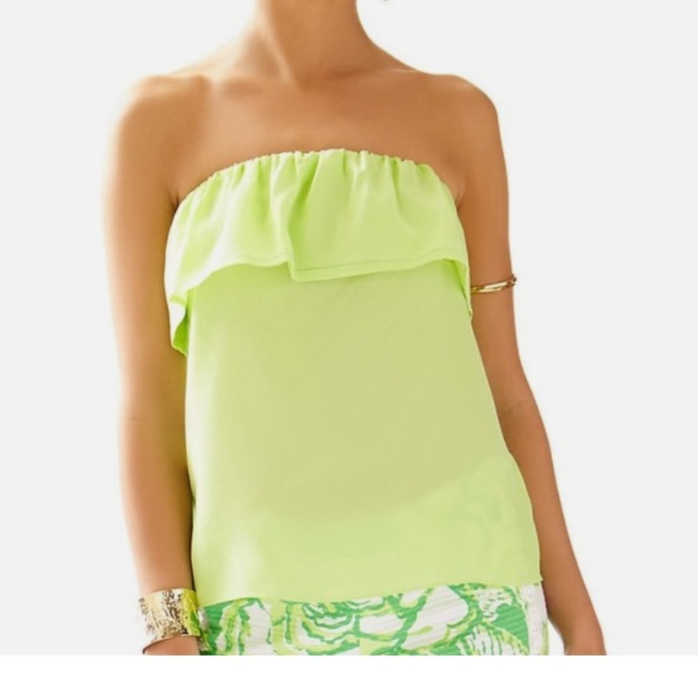Lilly Pulitzer Sz Medium Dew Drop Lime Ruffled Ginny Strapless Top 100% Silk